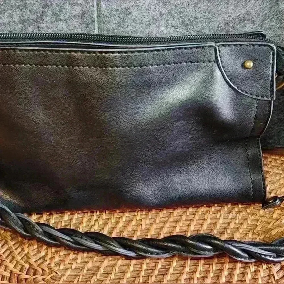 Relic black leather handbag twist braided shoulder strap, 3 sections NICE - Picture 6 of 10